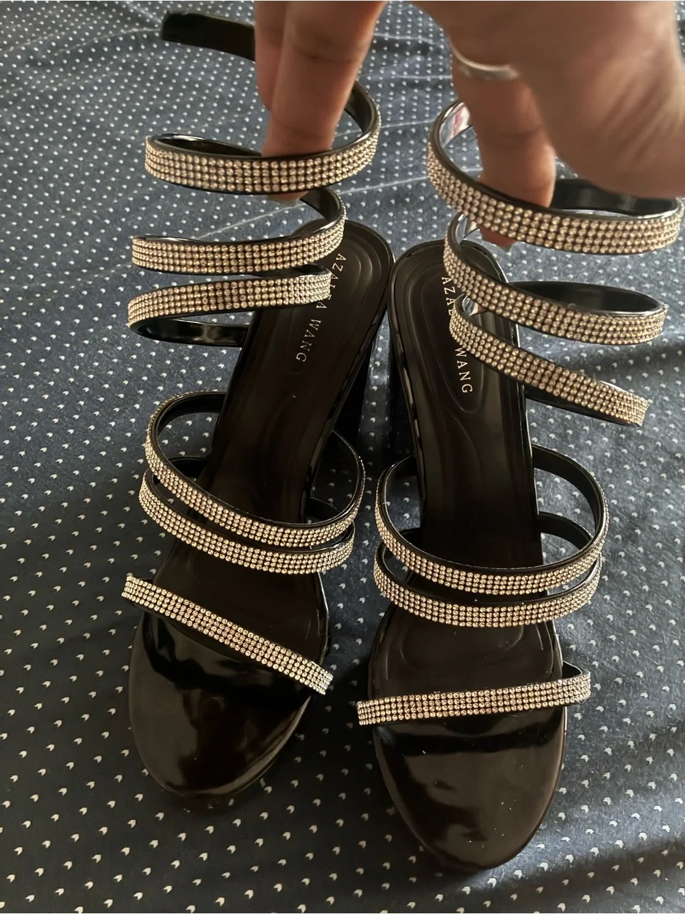 Azazie Black Platform Spiral Sandals with Crystal-Strap Wraps